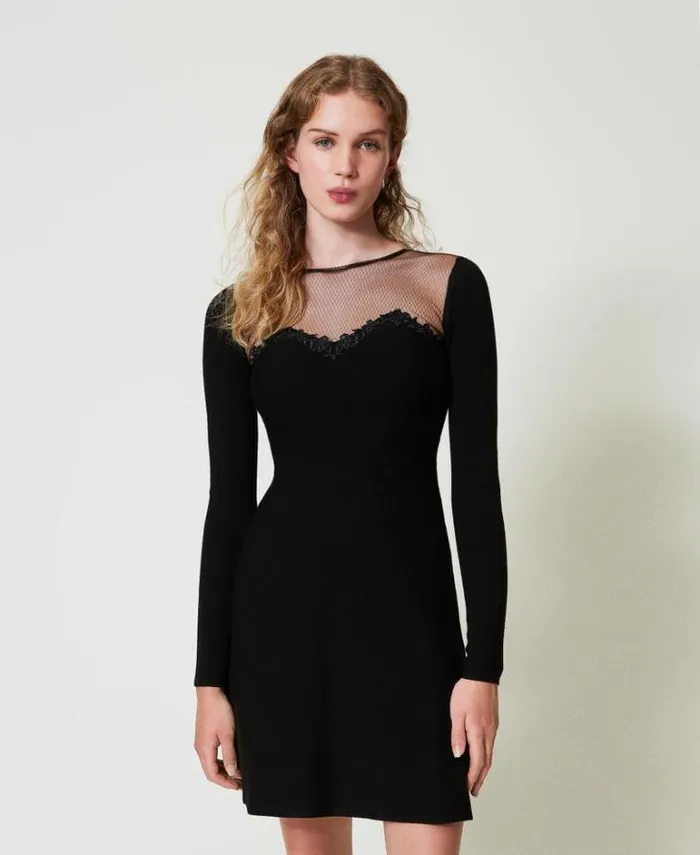 Twinset Short Dresses Short Knit Dress With Tulle And Embroidery Black 8211 Clothing
