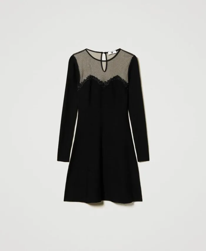 Twinset Short Dresses Short Knit Dress With Tulle And Embroidery Black 8211 Clothing