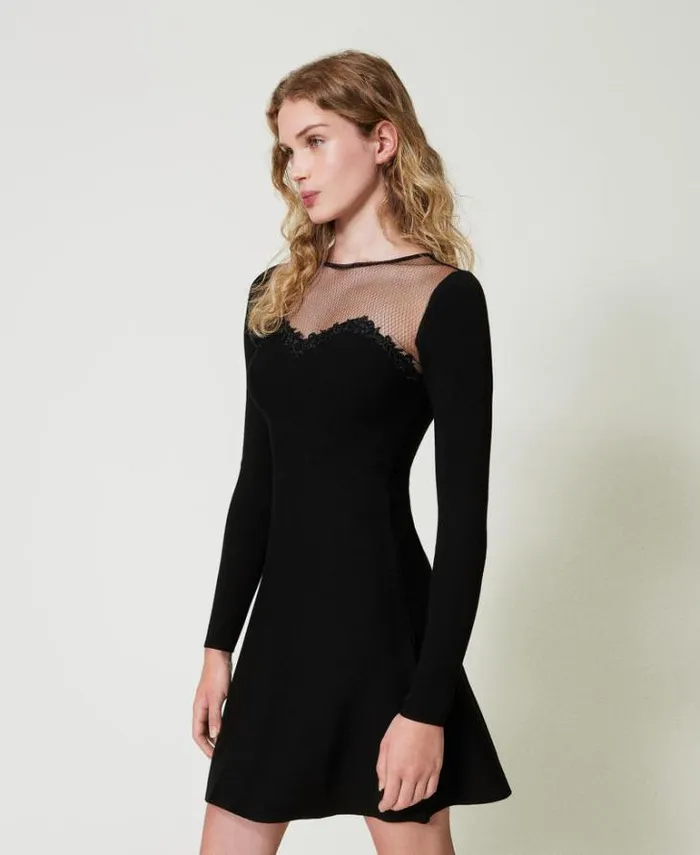 Twinset Short Dresses Short Knit Dress With Tulle And Embroidery Black 8211 Clothing