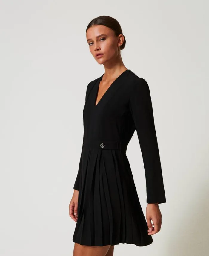 Twinset Short Dresses Short Pleated Crpe Dress With Buttons Black 8211 Clothing