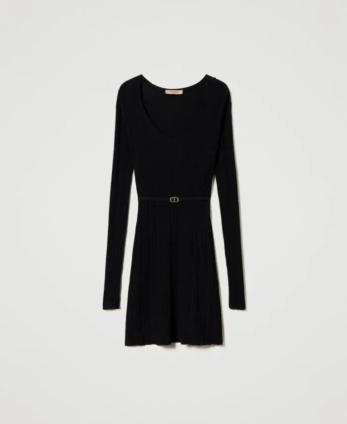 Twinset Short Dresses Short Ribbed Knit Dress With Belt Black 8211 Clothing