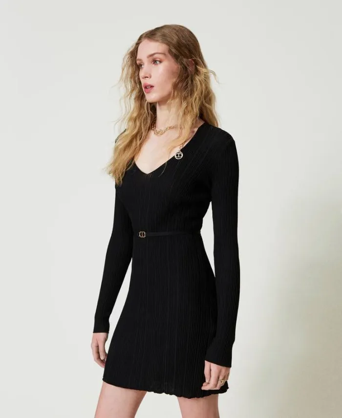 Twinset Short Dresses Short Ribbed Knit Dress With Belt Black 8211 Clothing