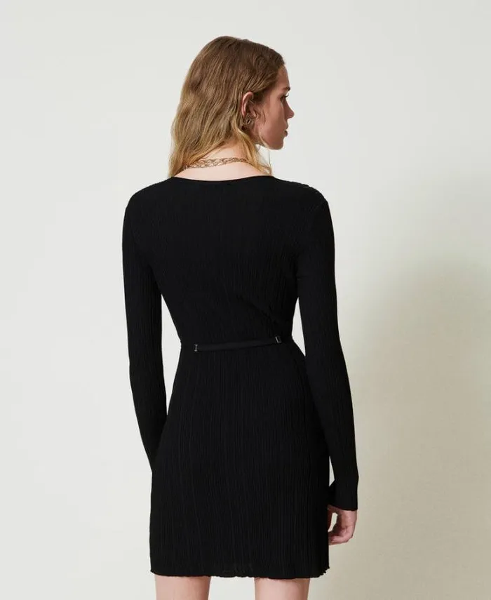 Twinset Short Dresses Short Ribbed Knit Dress With Belt Black 8211 Clothing
