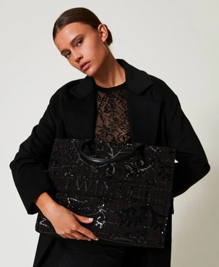 Twinset Shoulder Bags 039Victoria039 Shopper Bag With Embroidery And Logo Black 8211 Bags