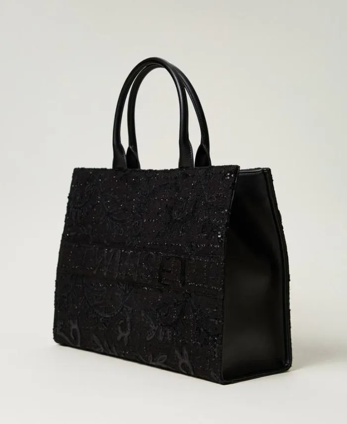 Twinset Shoulder Bags 039Victoria039 Shopper Bag With Embroidery And Logo Black 8211 Bags
