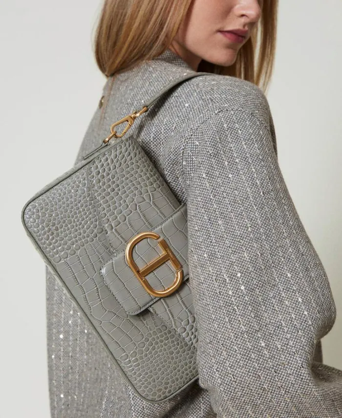 Twinset Shoulder Bags Amie Medium Croc Print Shoulder Bag Mid Grey 8211 Bags