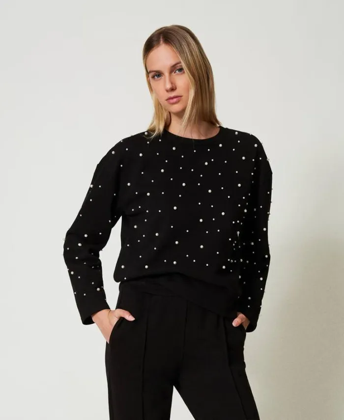 Twinset Sweatshirts Crew Neck Sweatshirt With Pearls Black 8211 Clothing