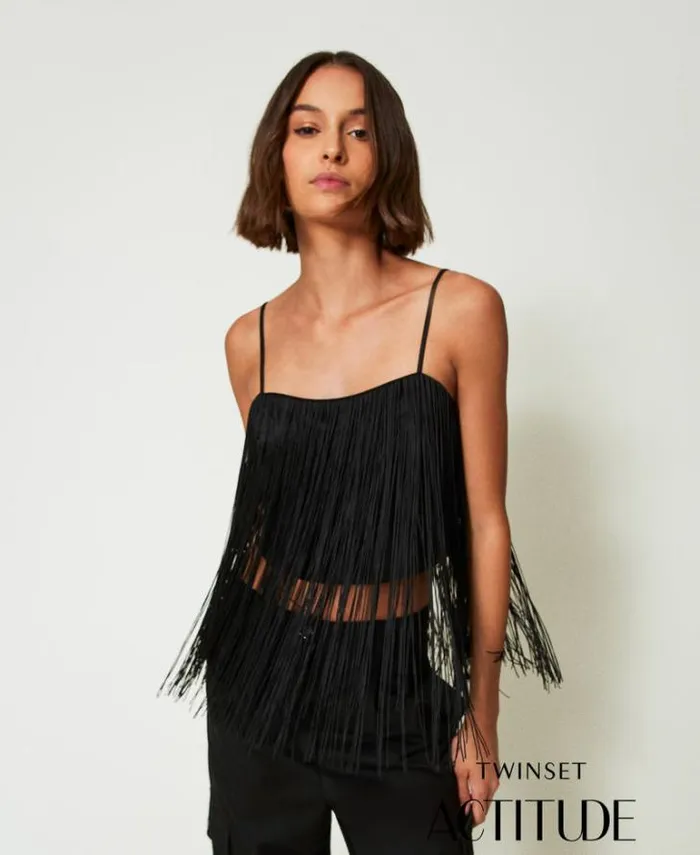 Twinset TShirts And Tops MYFO Short Top With Fringes Black 8211 Clothing