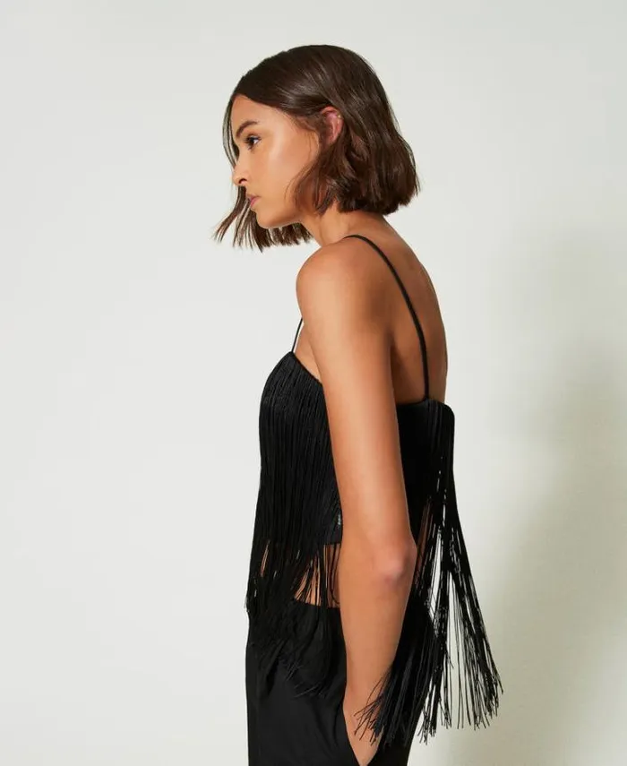 Twinset TShirts And Tops MYFO Short Top With Fringes Black 8211 Clothing