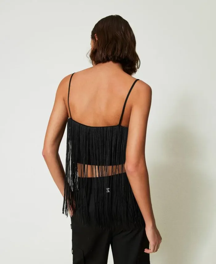 Twinset TShirts And Tops MYFO Short Top With Fringes Black 8211 Clothing