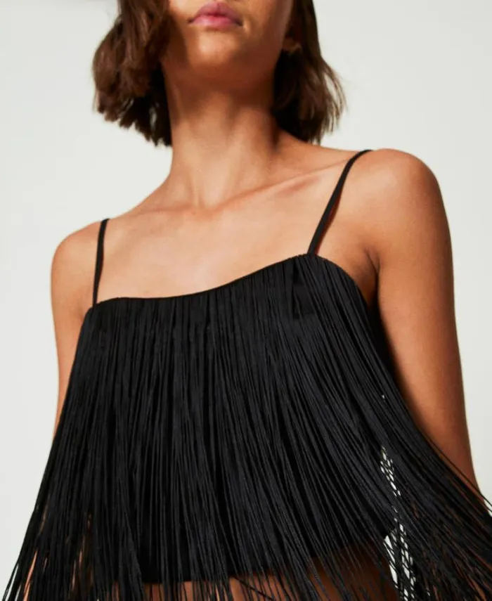 Twinset TShirts And Tops MYFO Short Top With Fringes Black 8211 Clothing