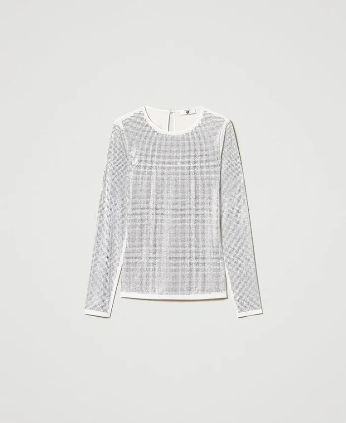 Twinset TShirts And Tops Tshirt Stretch With Rhinestones All Over Off White 8211 Clothing