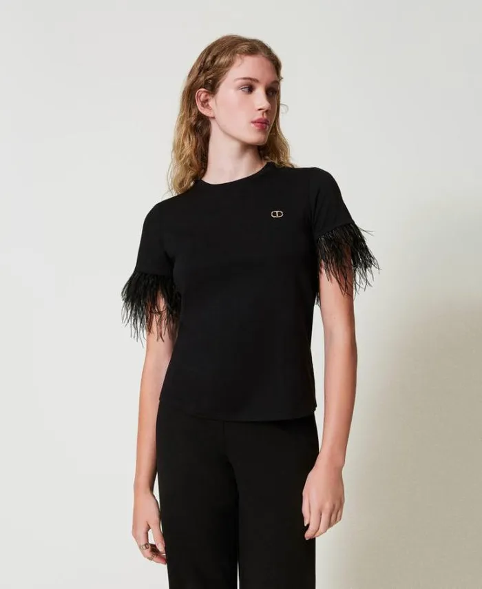 Twinset TShirts And Tops Tshirt With Oval T Logo And Feathers Black 8211 Clothing