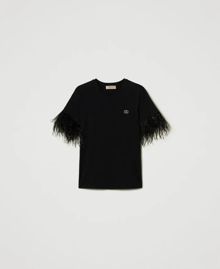 Twinset TShirts And Tops Tshirt With Oval T Logo And Feathers Black 8211 Clothing