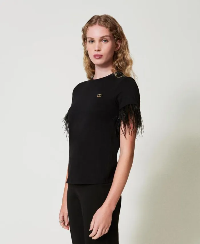 Twinset TShirts And Tops Tshirt With Oval T Logo And Feathers Black 8211 Clothing