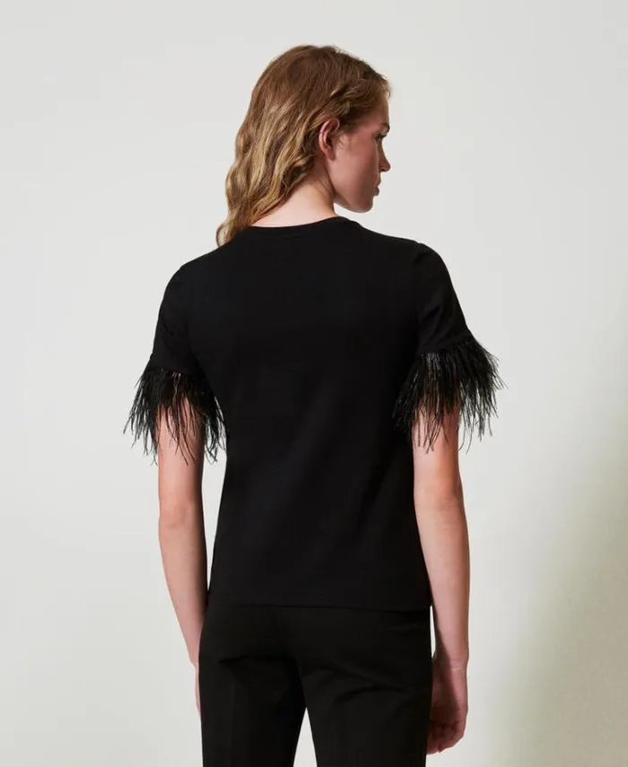 Twinset TShirts And Tops Tshirt With Oval T Logo And Feathers Black 8211 Clothing