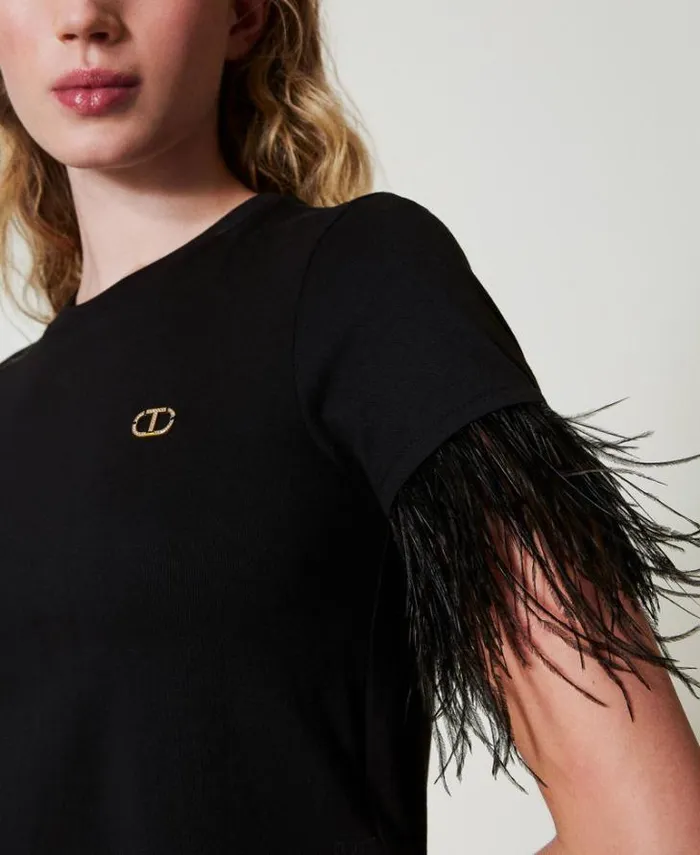 Twinset TShirts And Tops Tshirt With Oval T Logo And Feathers Black 8211 Clothing