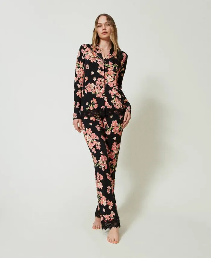 Twinset Underwear And Nightwear Mannish Printed Pyjamas With Lace Multicolour Blooming 8211 Clothing