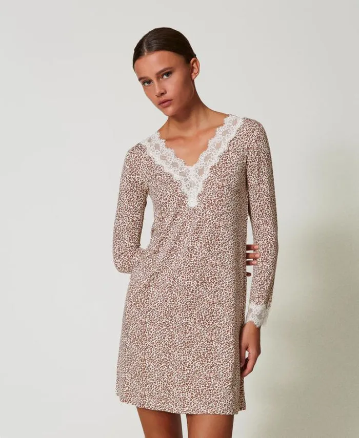 Twinset Underwear And Nightwear Printed Night Gown With Lace Multicolour Animal Print 8211 Clothing