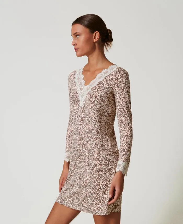 Twinset Underwear And Nightwear Printed Night Gown With Lace Multicolour Animal Print 8211 Clothing