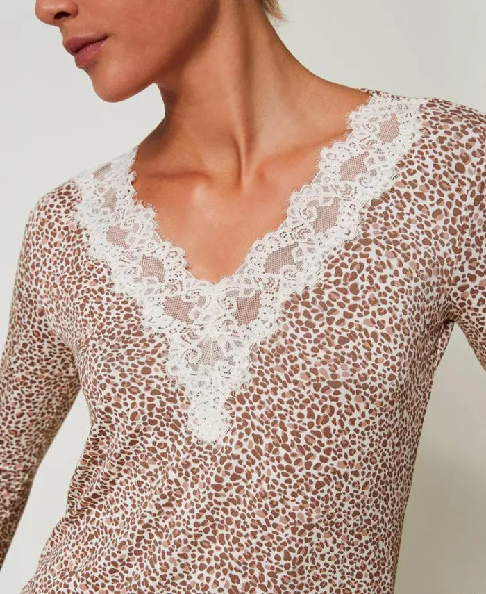 Twinset Underwear And Nightwear Printed Night Gown With Lace Multicolour Animal Print 8211 Clothing