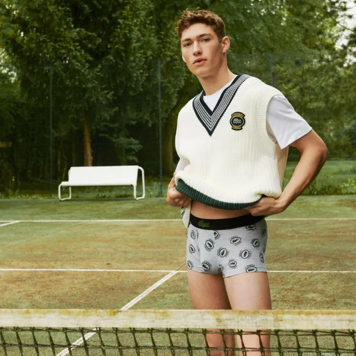 Underwear and Socks Men Lacoste Men039s Stretch Jersey Print Trunks Grey Chine White W9d