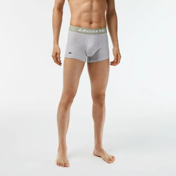 Underwear and Socks Men Lacoste Mens 3Pack Contrast Waist Trunks Khaki Green Grey Chine White Gc9