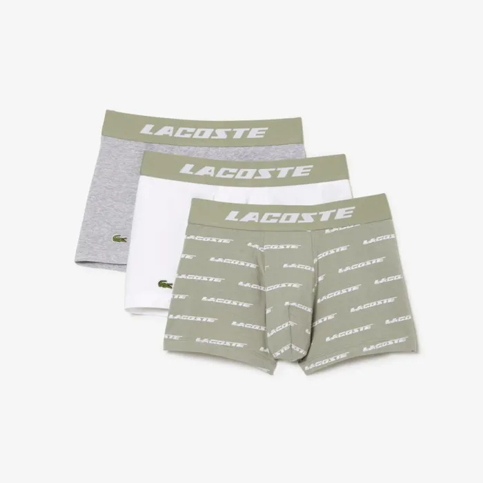 Underwear and Socks Men Lacoste Mens 3Pack Contrast Waist Trunks Khaki Green Grey Chine White Gc9