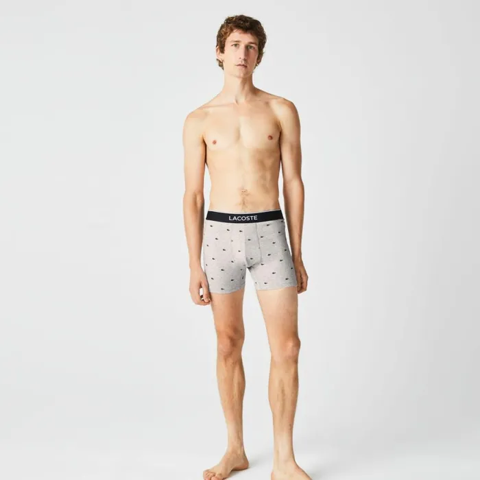 Underwear and Socks Men Lacoste Mens Branded Waist Long Stretch Cotton Boxer Brief 3Pack Black Grey Chine Vdp