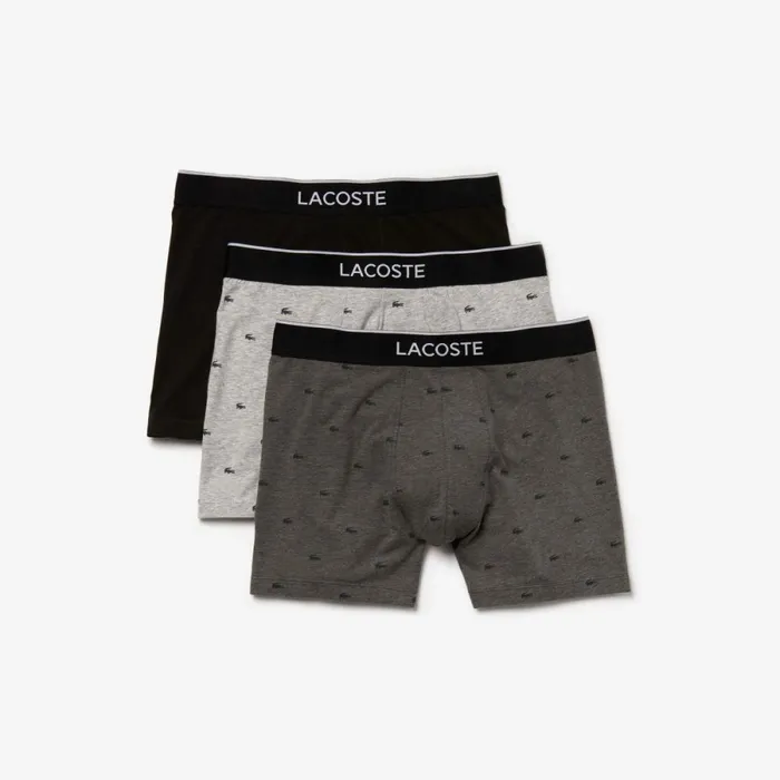 Underwear and Socks Men Lacoste Mens Branded Waist Long Stretch Cotton Boxer Brief 3Pack Black Grey Chine Vdp