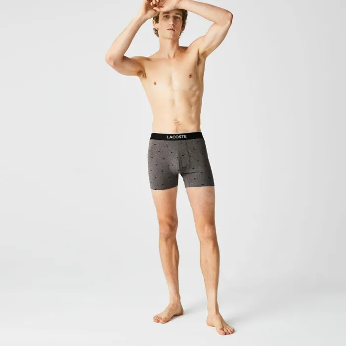Underwear and Socks Men Lacoste Mens Branded Waist Long Stretch Cotton Boxer Brief 3Pack Black Grey Chine Vdp