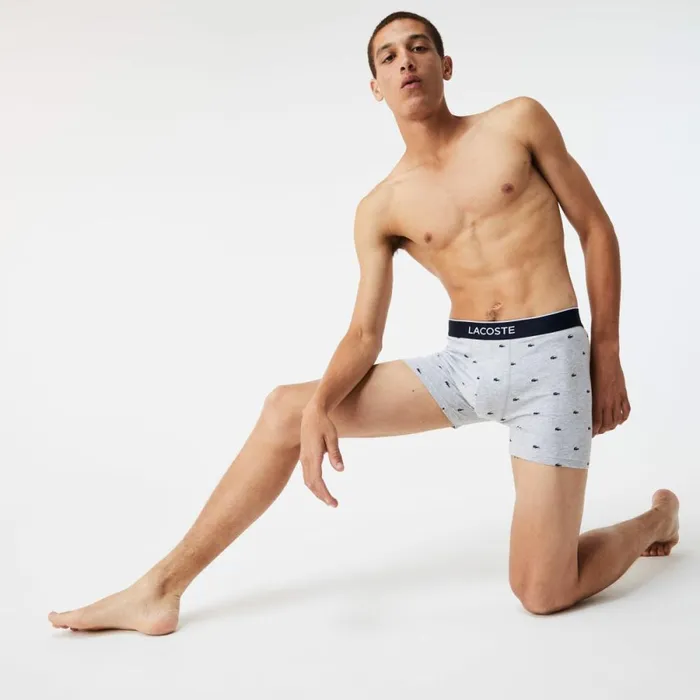 Underwear and Socks Men Lacoste Mens Branded Waist Long Stretch Cotton Boxer Brief 3Pack Navy Blue Grey Chine Red W3t