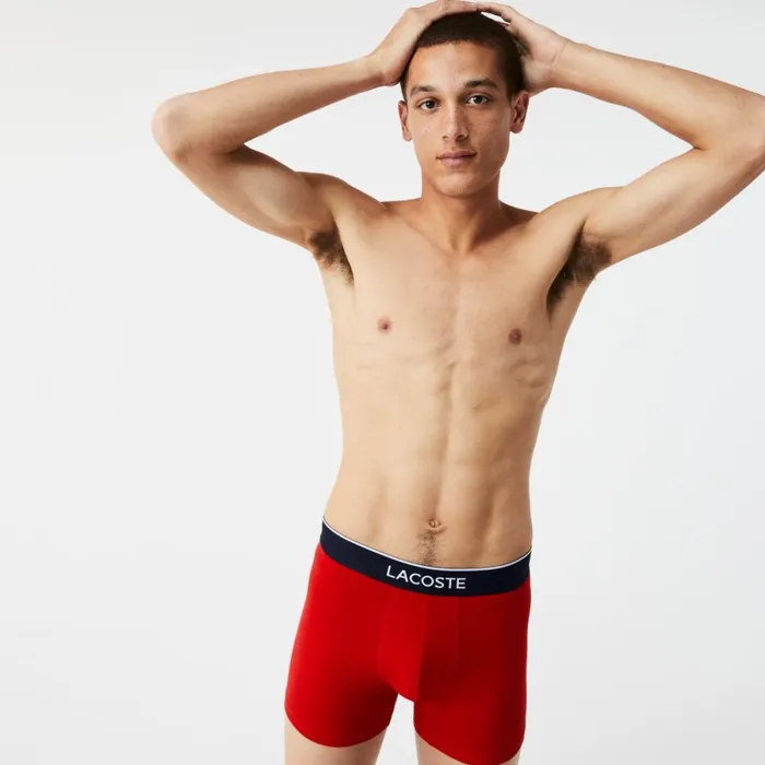 Underwear and Socks Men Lacoste Mens Branded Waist Long Stretch Cotton Boxer Brief 3Pack Navy Blue Grey Chine Red W3t