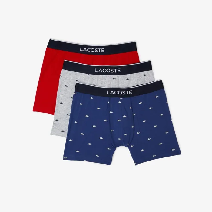 Underwear and Socks Men Lacoste Mens Branded Waist Long Stretch Cotton Boxer Brief 3Pack Navy Blue Grey Chine Red W3t