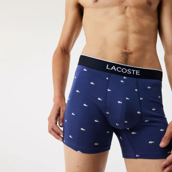 Underwear and Socks Men Lacoste Mens Branded Waist Long Stretch Cotton Boxer Brief 3Pack Navy Blue Grey Chine Red W3t