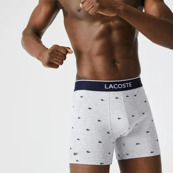 Underwear and Socks Men Lacoste Mens Branded Waist Long Stretch Cotton Boxer Brief 3Pack Navy Blue Grey Chine Red W3t