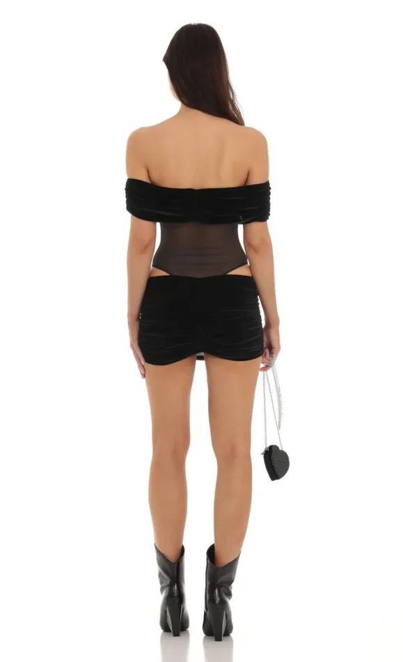 Velvet Off Shoulder Two Piece Set Black Women LUCY IN THE SKY Bodysuits Velvet Off Shoulder Two Piece Set Black Women LUCY IN THE SKY Bodysuits