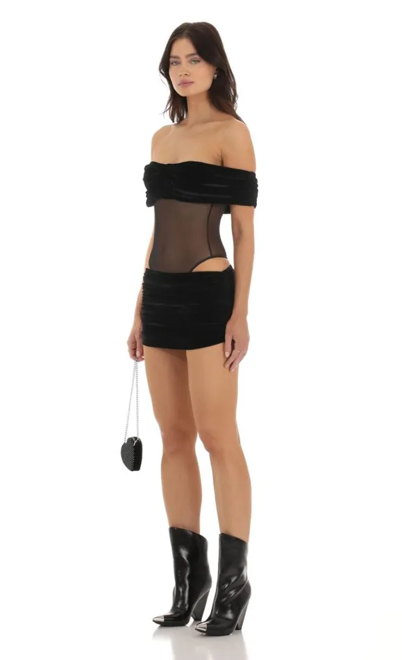 Velvet Off Shoulder Two Piece Set Black Women LUCY IN THE SKY Bodysuits Velvet Off Shoulder Two Piece Set Black Women LUCY IN THE SKY Bodysuits