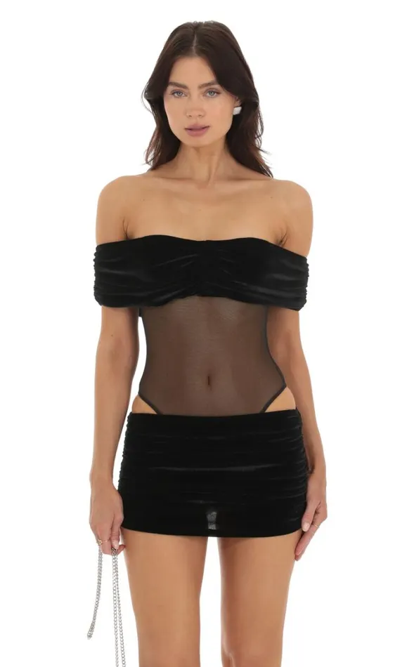 Velvet Off Shoulder Two Piece Set Black Women LUCY IN THE SKY Bodysuits Velvet Off Shoulder Two Piece Set Black Women LUCY IN THE SKY Bodysuits