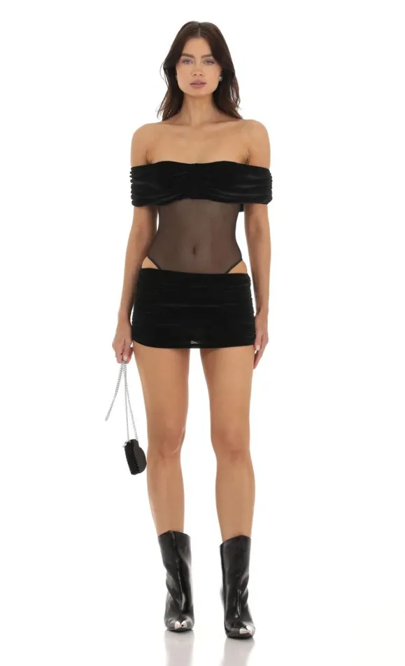 Velvet Off Shoulder Two Piece Set Black Women LUCY IN THE SKY TwoPiece Sets
