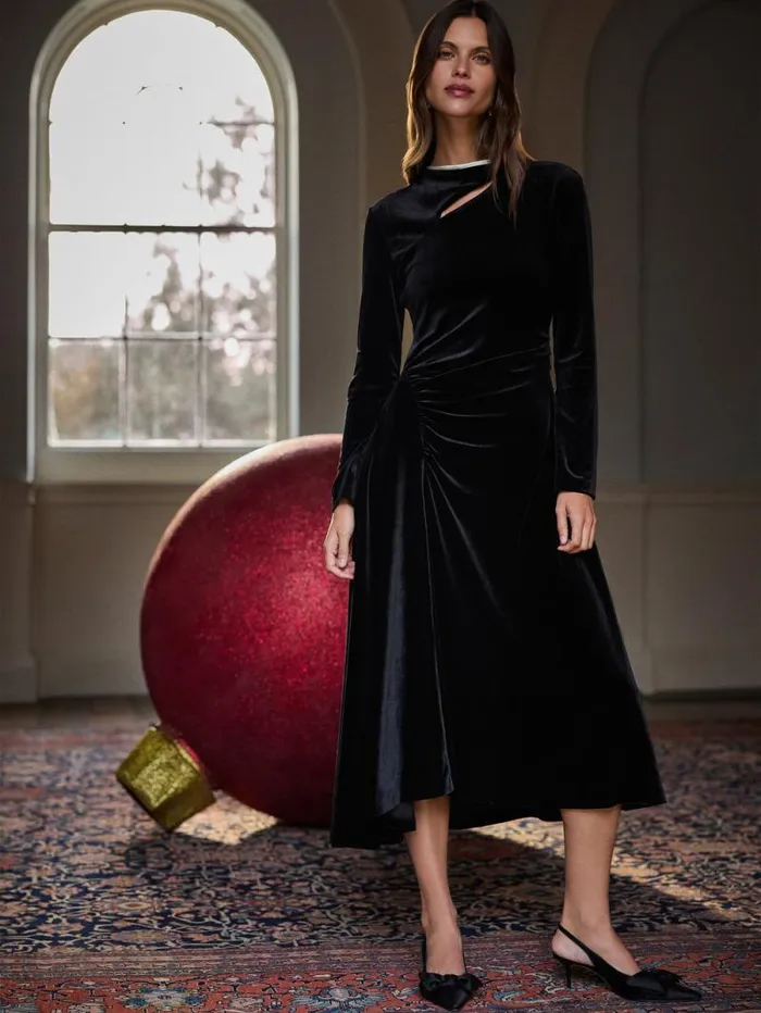 Velvet Ruched Dress Black Women Jigsaw Dresses and Jumpsuits