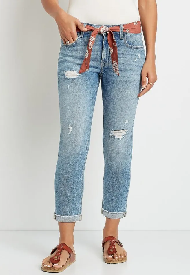 Vintage Destructed Belted Boyfriend Cropped Jean Women Maurices Bottoms