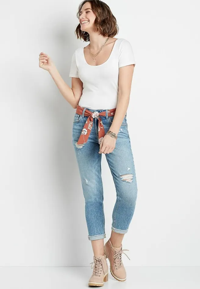Vintage Destructed Belted Boyfriend Cropped Jean Women Maurices Bottoms