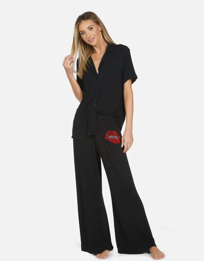 Waverly X Crystal Biting Lip Black Women Lauren Moshi Short Sleeve