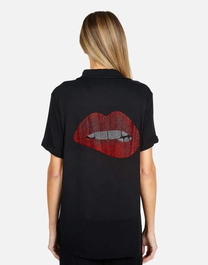 Waverly X Crystal Biting Lip Black Women Lauren Moshi Short Sleeve
