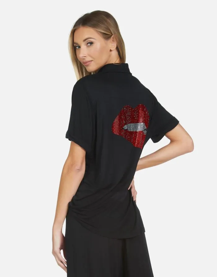 Waverly X Crystal Biting Lip Black Women Lauren Moshi Short Sleeve