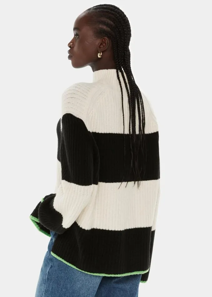Whistles Block Stripe Rib Funnel Neck Blackwhite Women Sweaters and Cashmere