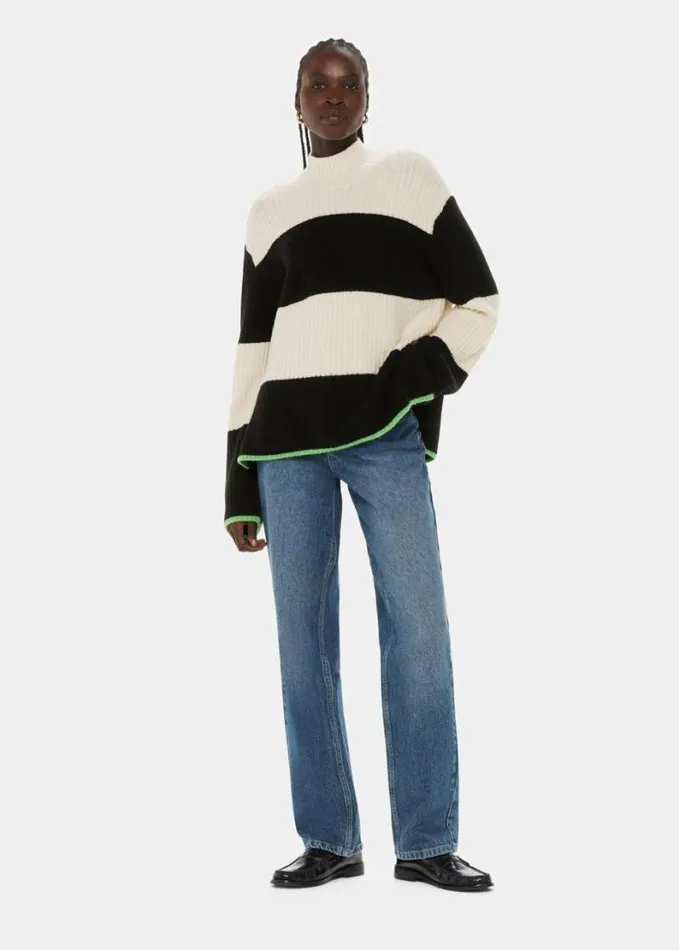 Whistles Block Stripe Rib Funnel Neck Blackwhite Women Sweaters and Cashmere