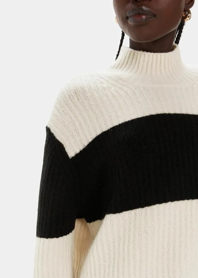 Whistles Block Stripe Rib Funnel Neck Blackwhite Women Sweaters and Cashmere