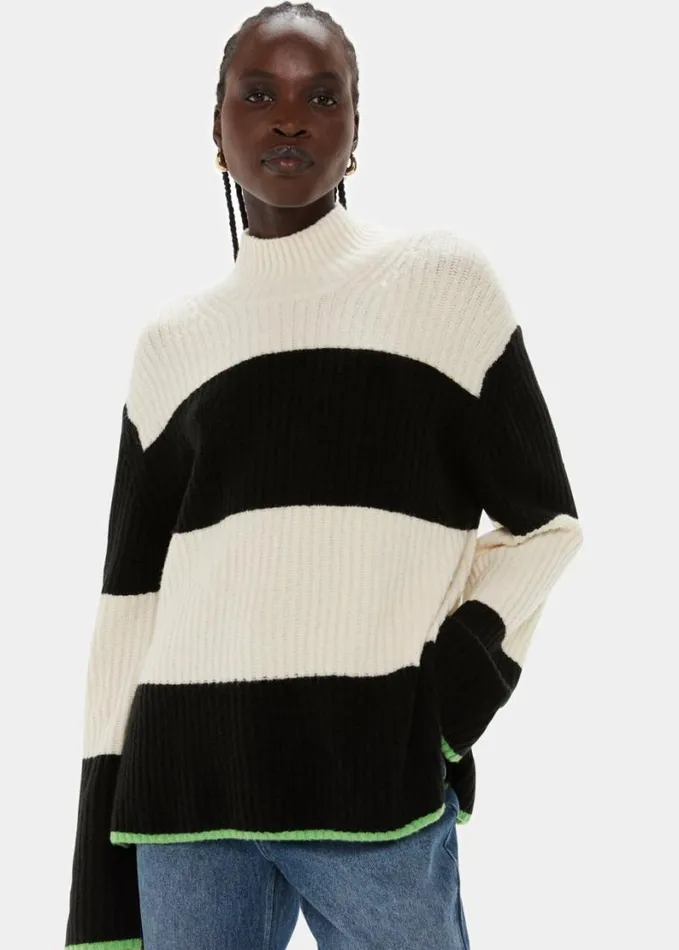 Whistles Block Stripe Rib Funnel Neck Blackwhite Women Sweaters and Cashmere